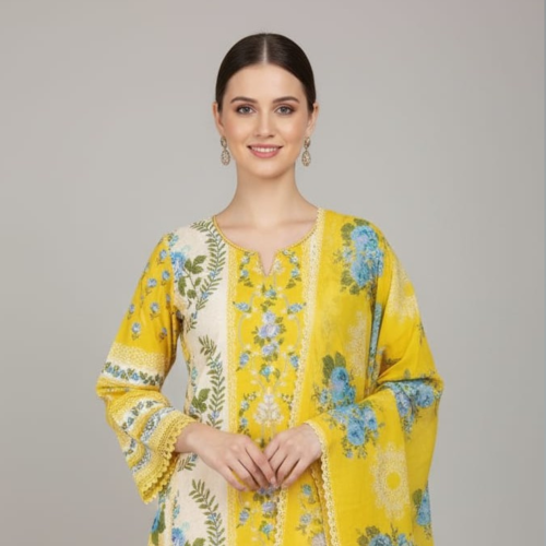3pc Cotton suit with Bell sleeves and lace on neck and sleeves self print - Yellow