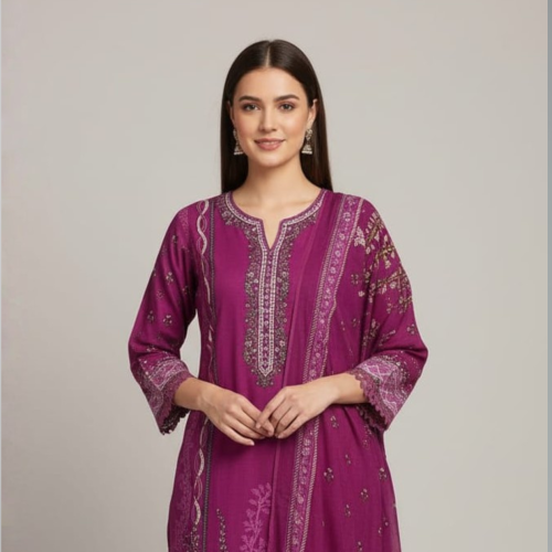 3pc Cotton suit with Bell sleeves and lace on neck and sleeves self print - Crimson