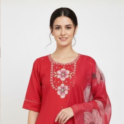 Plus 1 - Rani Pink Rayon Suit with hand work and organza dupatta