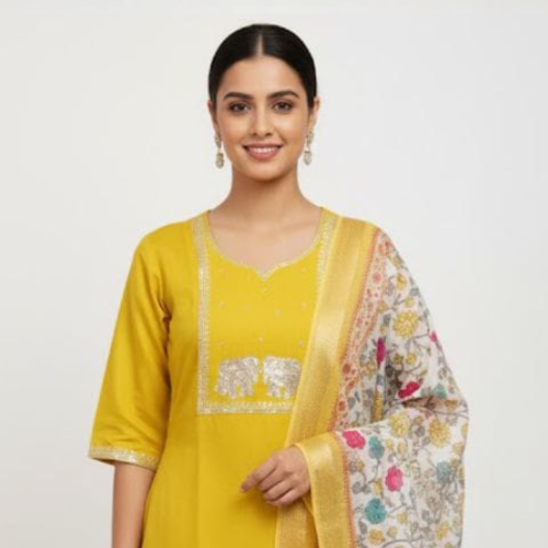 PLUS 2-Yellow Rayon suit with hand work and organza dupatta