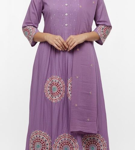 3PC Chanderi Cotton, Threadwork, Bottom and Dupatta