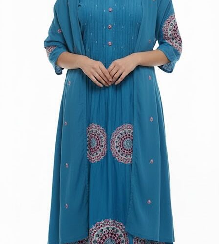 3PC Chanderi Cotton, Threadwork, Bottom and Dupatta