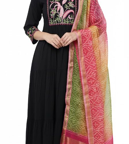 3PC Chanderi Silk with handwork, Plain Bottom and Printed Dupatta