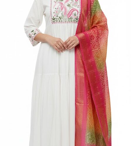 3PC Chanderi Silk with handwork, Plain Bottom and Printed Dupatta