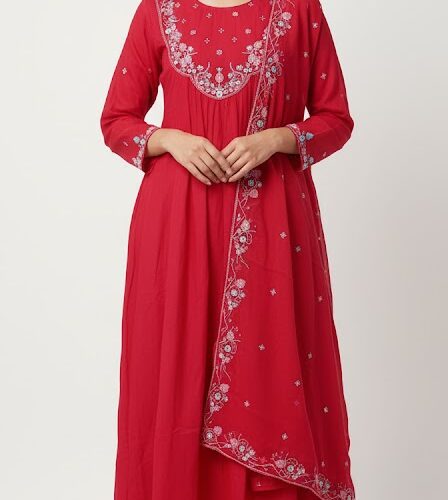 3PC Chanderi Silk with handwork, Cut dana work, Plain Bottom and Printed Dupatta