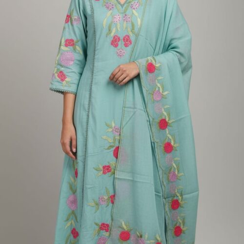 3PC Chanderi silk with heavy threadwork, Bottom and Organza Dupatta