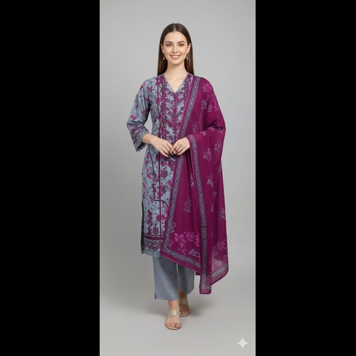 3pc Cotton suit with Bell sleeves and lace on neck and sleeves self print - grey pink