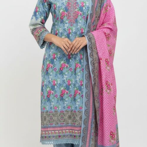 3pc Cotton suit with Bell sleeves and lace on neck and sleeves self print - Light Grey Pink