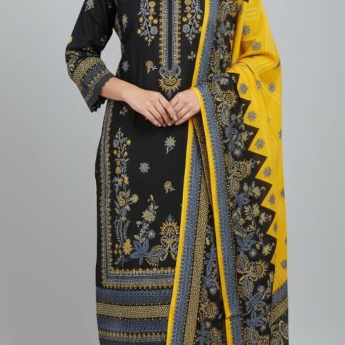 3pc Cotton suit with Bell sleeves and lace on neck and sleeves self print - Black/Yellow
