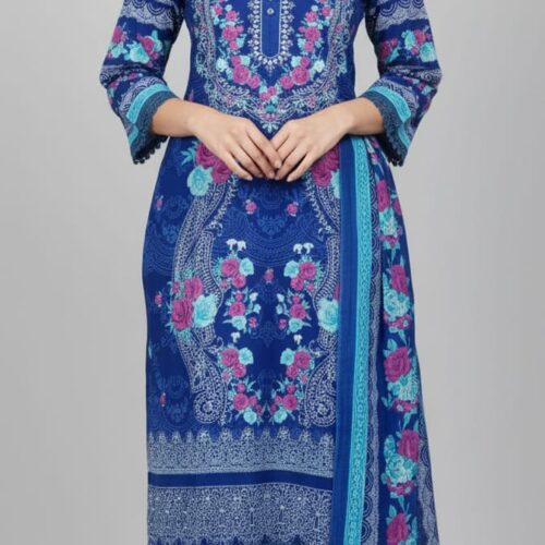 3pc Cotton suit with Bell sleeves and lace on neck and sleeves self print - indigo blue