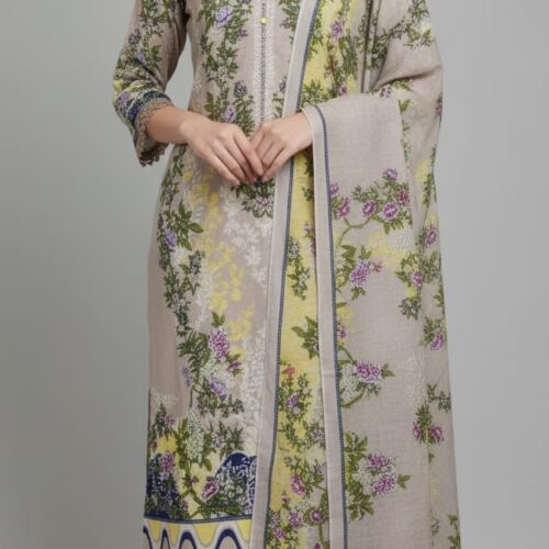 3pc Cotton suit with Bell sleeves and lace on neck and sleeves self print - beige color