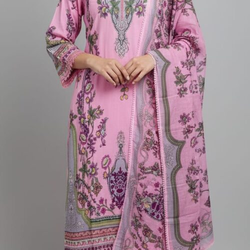 3pc Cotton suit with Bell sleeves and lace on neck and sleeves self print - Light Pink