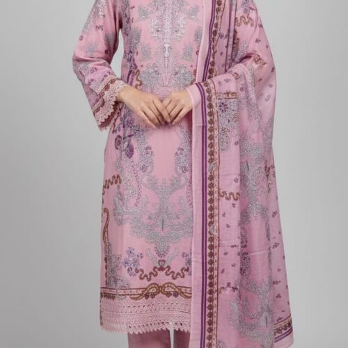 3pc Cotton suit with Bell sleeves and lace on neck and sleeves self print - Baby Pink