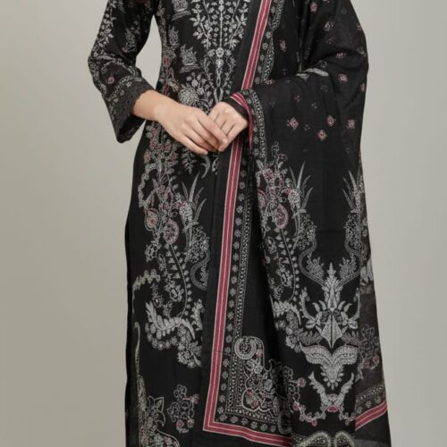 3pc Cotton suit with Bell sleeves and lace on neck and sleeves self print - Black