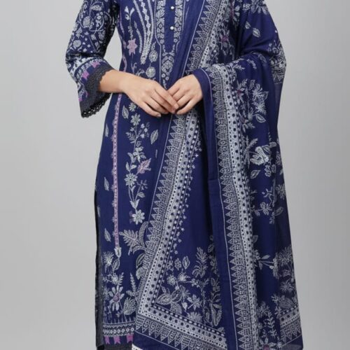 3pc Cotton suit with Bell sleeves and lace on neck and sleeves self print - Navy Blue