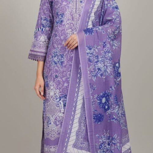 3pc Cotton suit with Bell sleeves and lace on neck and sleeves self print - Lavender