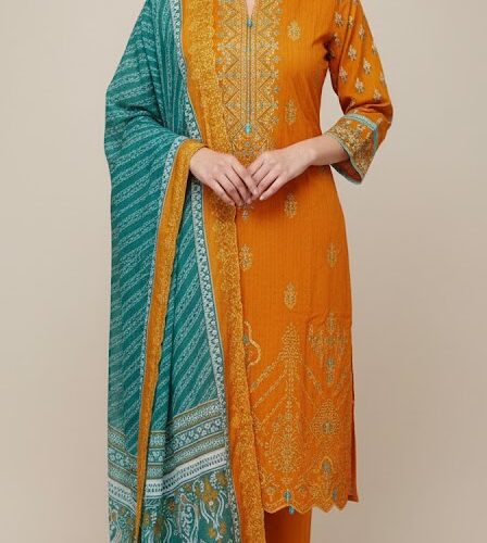 3pc Heavy Lawn suit with cutwork and handwork with beautiful detailing in Rusty orange