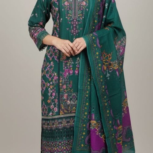 3pc Cotton suit with Bell sleeves and lace on neck and sleeves self print - Bottle Green