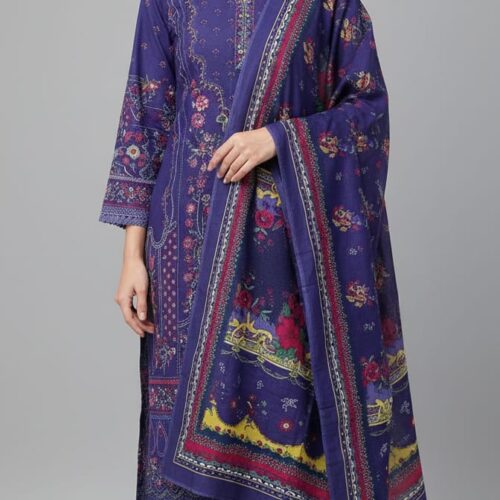 3pc Cotton suit with Bell sleeves and lace on neck and sleeves self print - INK BLUE