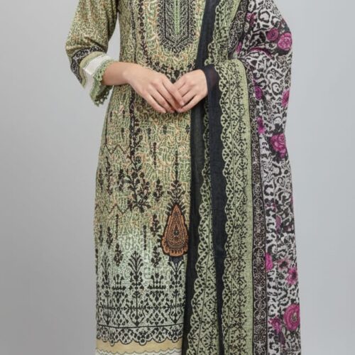 3pc Cotton suit with Bell sleeves and lace on neck and sleeves self print - Light Green