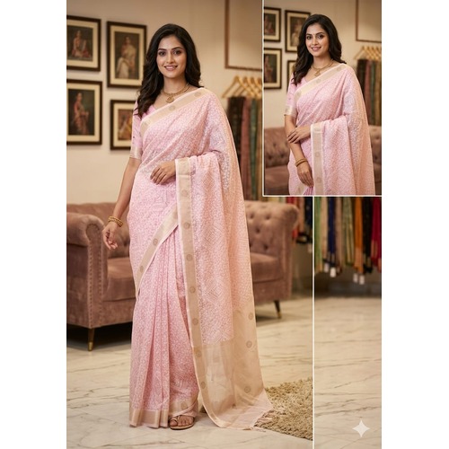 Linen Print Buta Work Saree - BABY PINK