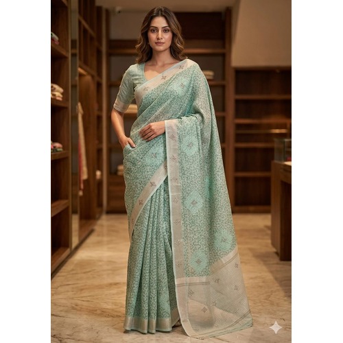 Linen Print Buta Work Saree- LIGHT BLUE