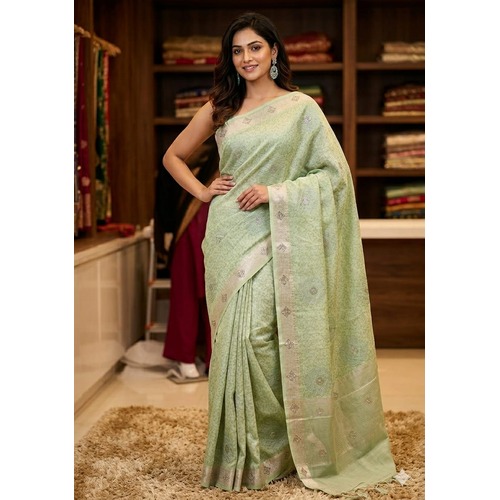 Linen Print Buta Work Saree- LIGHT GREEN