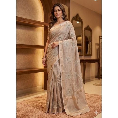Linen Print Buta Work Saree – ROSE GOLD