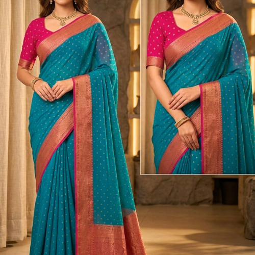 Georgette Weaving Antique Buta Saree - BLUE