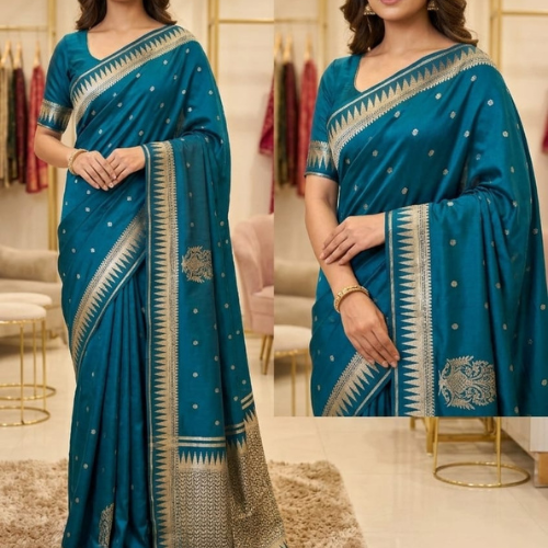 Viscose Satin Buta Border - TEAL BLUE