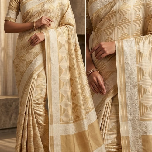 Cotton White Jaal Saree - BEIGE