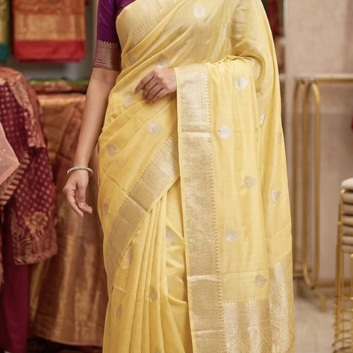 Viscose Silk Silver Buta - LEMON