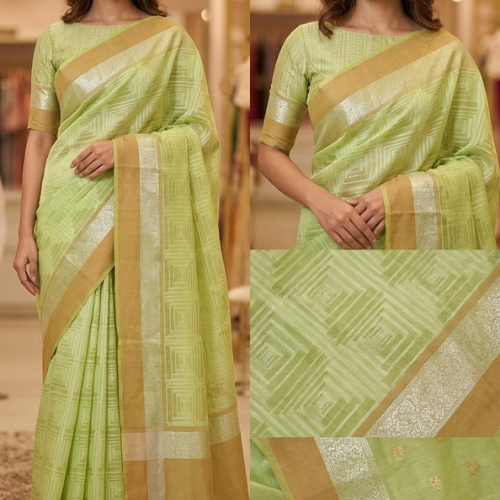 Cotton White Jaal Saree - LIGHT GREEN