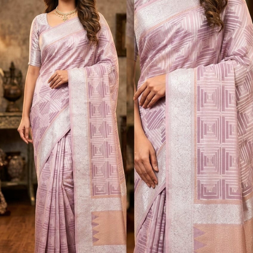 Cotton White Jaal Saree - LAVENDER