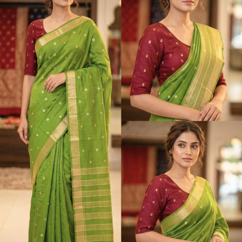 Raw Chiniya SilK Saree- GREEN