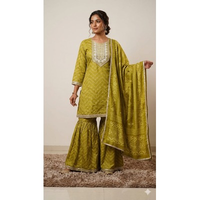 Bandhni Chinnon Gharara Style With Handwork - LEMON GREEN