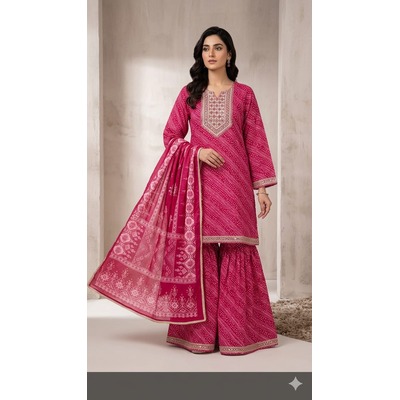 Bandhni Chinnon Gharara Style With Handwork - RANI PINK