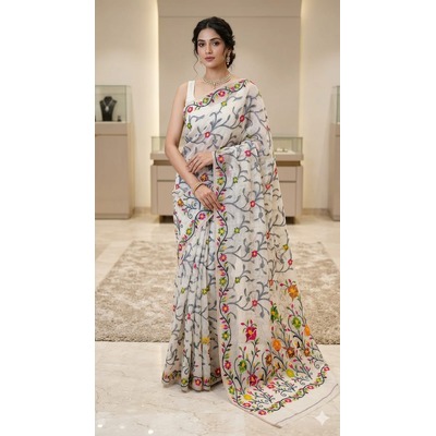 Cotton Meena Jaal Saree - Grey
