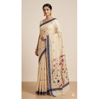 Cotton Chiku Meena Pallu - BEIGE BLUE