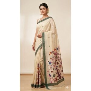 Linen Print Buta Work Saree- LIGHT BLUE