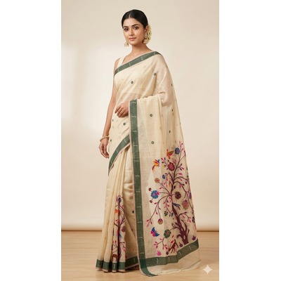 Cotton Chiku Meena Pallu - BEIGE GREEN