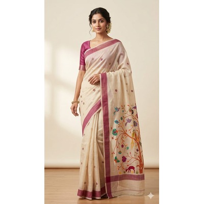 Cotton Chiku Meena Pallu - BEIGE PURPLE