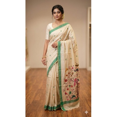 Cotton Chiku Meena Pallu - BEIGE LIGHT GREEN