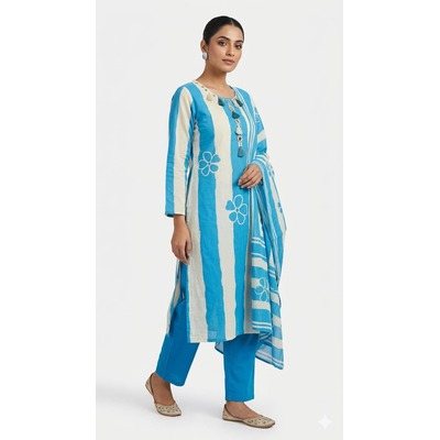 Cotton Suit with Botton and Dupatta -BLUE