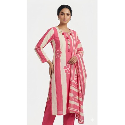 Cotton Suit with Botton and Dupatta - PINK