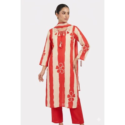 Cotton Suit with Botton and Dupatta - VERMILLION RED